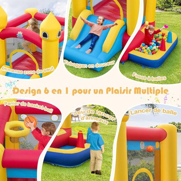 COSTWAY Château Gonflable 6 en 1 Enfants avec Souffleur 480W, Maison de Saut Gonflable en Tissu Oxford avec Piscine à Balles, Panier de Basket, Toboggan, 50 Balles pour Jardin Pelouse Fête, 3-10 Ans