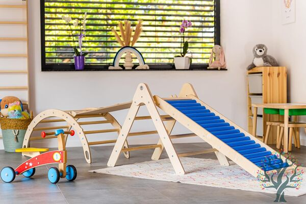 WoodsCraft 4en1: Arche d'Escalade, Triangle d'Escalade & 2x Toboggan Interieur pour Enfant & Bebe: Toboggan à Rouleaux & 2en1: Rampe/Toboggan | Arche Montessori avec Coussin Hypoallergénique