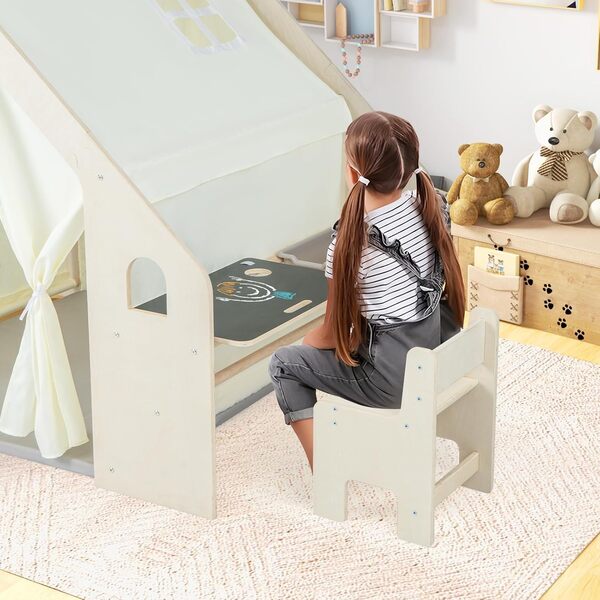 GOPLUS Maison de Jeu en Bois pour Enfants 2-6 Ans, Tente de Jeu 6 en 1 avec Tableau Noir, Table, Chaise, Bac de Rangement, Tapis de Sol, Cadre en Bois et Rideaux, Cabane de Jeu Enfant (131x98x113cm)