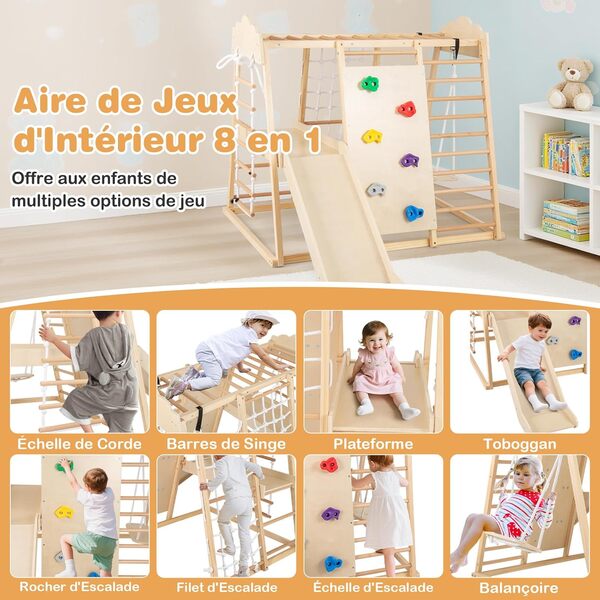COSTWAY 8 en 1 Aire de Jeux d'Escalade Intérieure en Bois avec Toboggan Amovible & Balançoire, Triangle d'Escalade Montessori Enfant avec Filet & Échelle Montessori, Charge 140kg pour 3 Ans+ (Naturel)