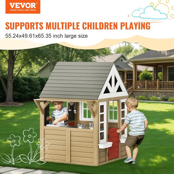 VEVOR Maisonnette Enfants Extérieur en Bois, Cabine de Jardin pour Enfants, Maison de Jeux avec Porte, Fenêtre, Support de Pot de Fleurs, Gril, Cuisinière et Évier Fonctionnelle, pour Arrière-Cour