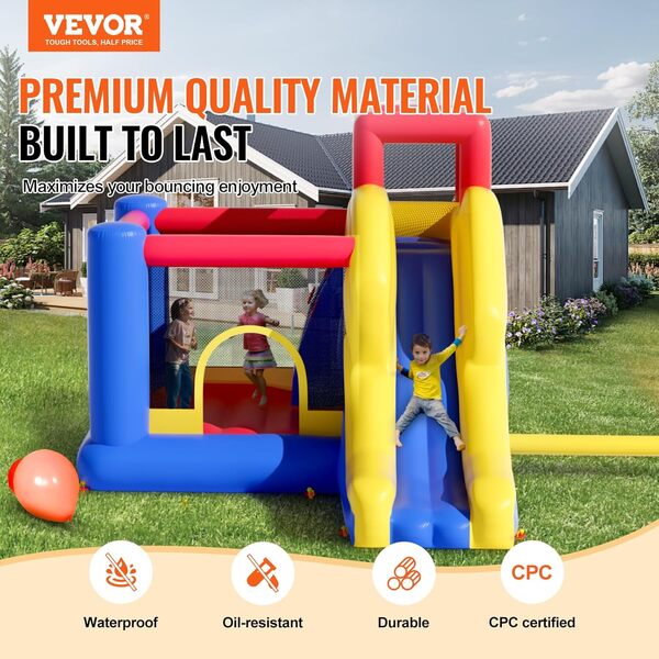 VEVOR Château Gonflable, Structure Gonflable avec Souffleur, Toboggan et Sac de Rangement, Aire de Jeu Gonflable d’Arrière-Cour et de Plein Air, pour Enfants Âgés 3-8 Ans, 340x260x230 cm, Extérieur