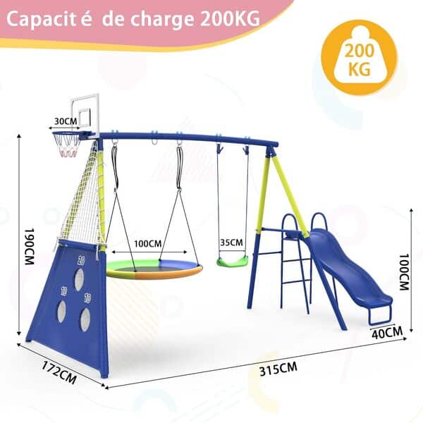Redkid Ensemble balançoire de jardin avec toboggan, capacité 200 kg, 5 en 1 pour extérieur, avec plateau, balançoire, siège balançoire, buts de football et panier de basket, ensemble de jeu pour