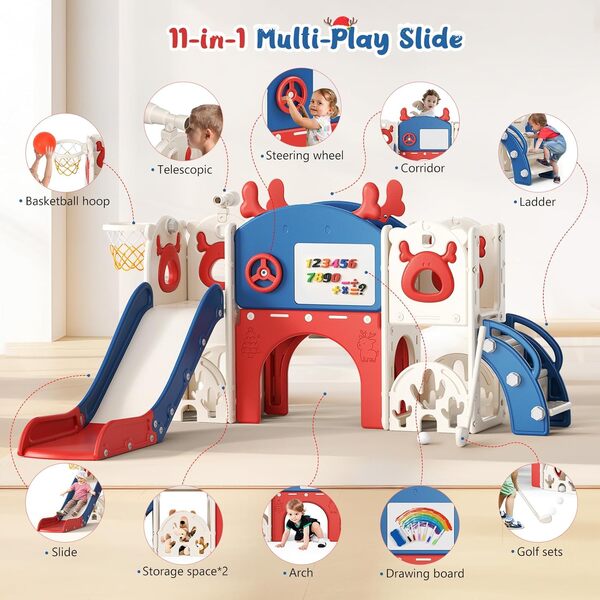 Combinaison balançoire et toboggan pour enfants, toboggan renforcé, toboggan extra long, matériau épaissi, stable, adapté pour les aires de jeux extérieures/intérieures pour enfants (Bleu Rouge -7EN1