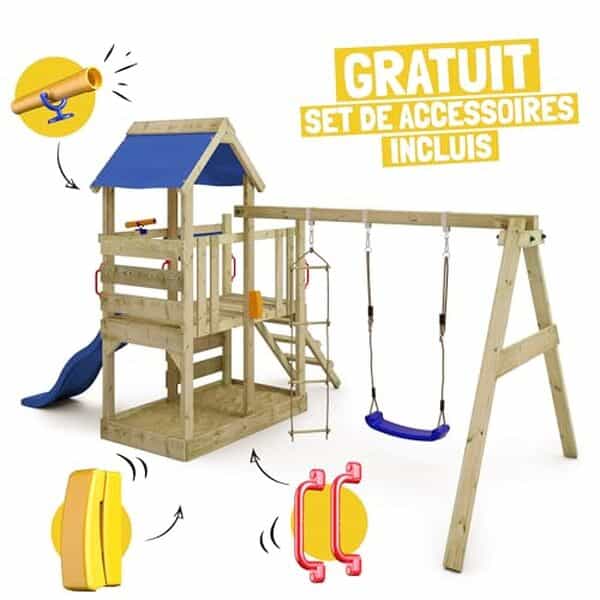 Découvrez notre analyse détaillée de l'aire de jeux TurboFlyer en bois de Wickey : amusez vos enfants avec sa balançoire et son toboggan rose pastel. Idéal pour les moments ludiques en extérieur  !