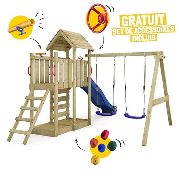 Découvrez notre analyse détaillée de l'aire de jeux MultiFlyer de Wickey avec portique et toboggan turquoise : sécurité, divertissement et design unique pour votre jardin