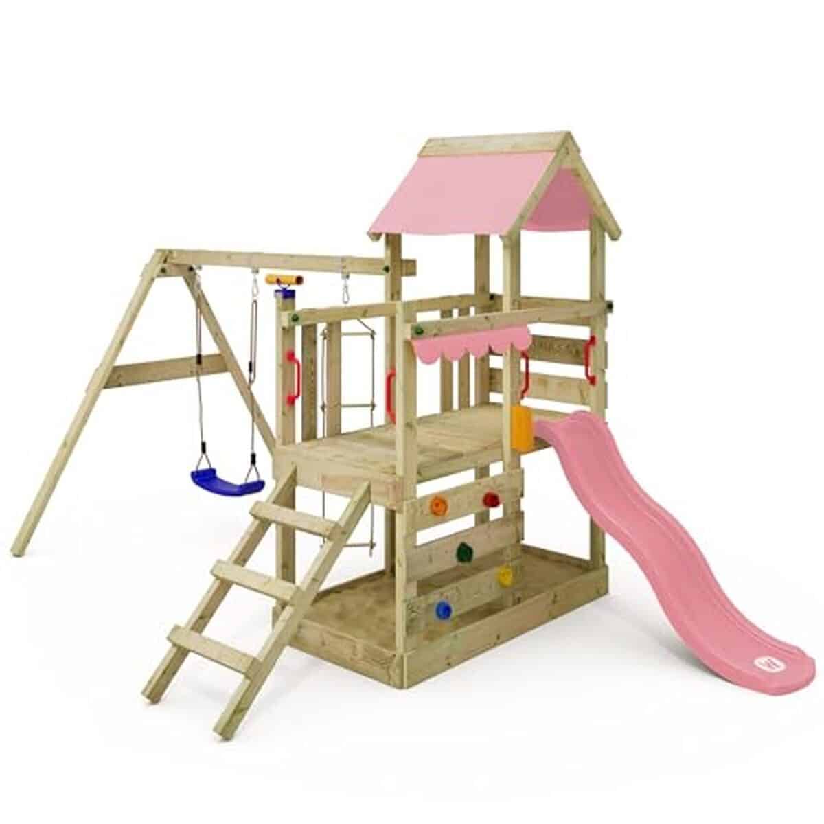 Test : aire de jeux Wickey TurboFlyer en bois avec balançoire et toboggan rose pastel