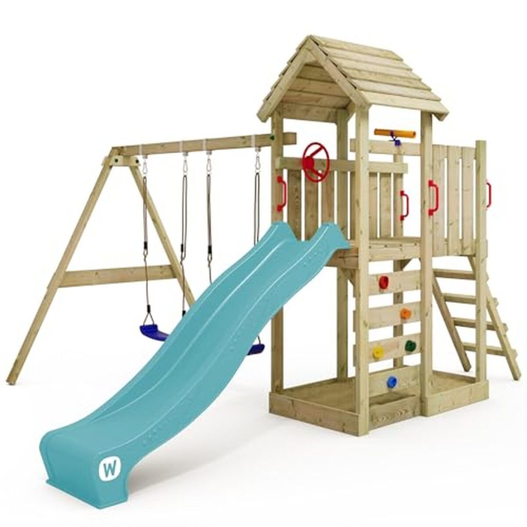Test de l'aire de jeux MultiFlyer Wickey : portique et toboggan turquoise