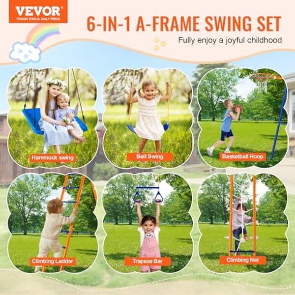 Découvrez le portique VEVOR 6-en-1 : balançoire, toboggan et plus pour offrir à vos enfants des heures de jeu en toute sécurité. Idéal pour le jardin, ce portique polyvalent promet amusement et activités pour tous.