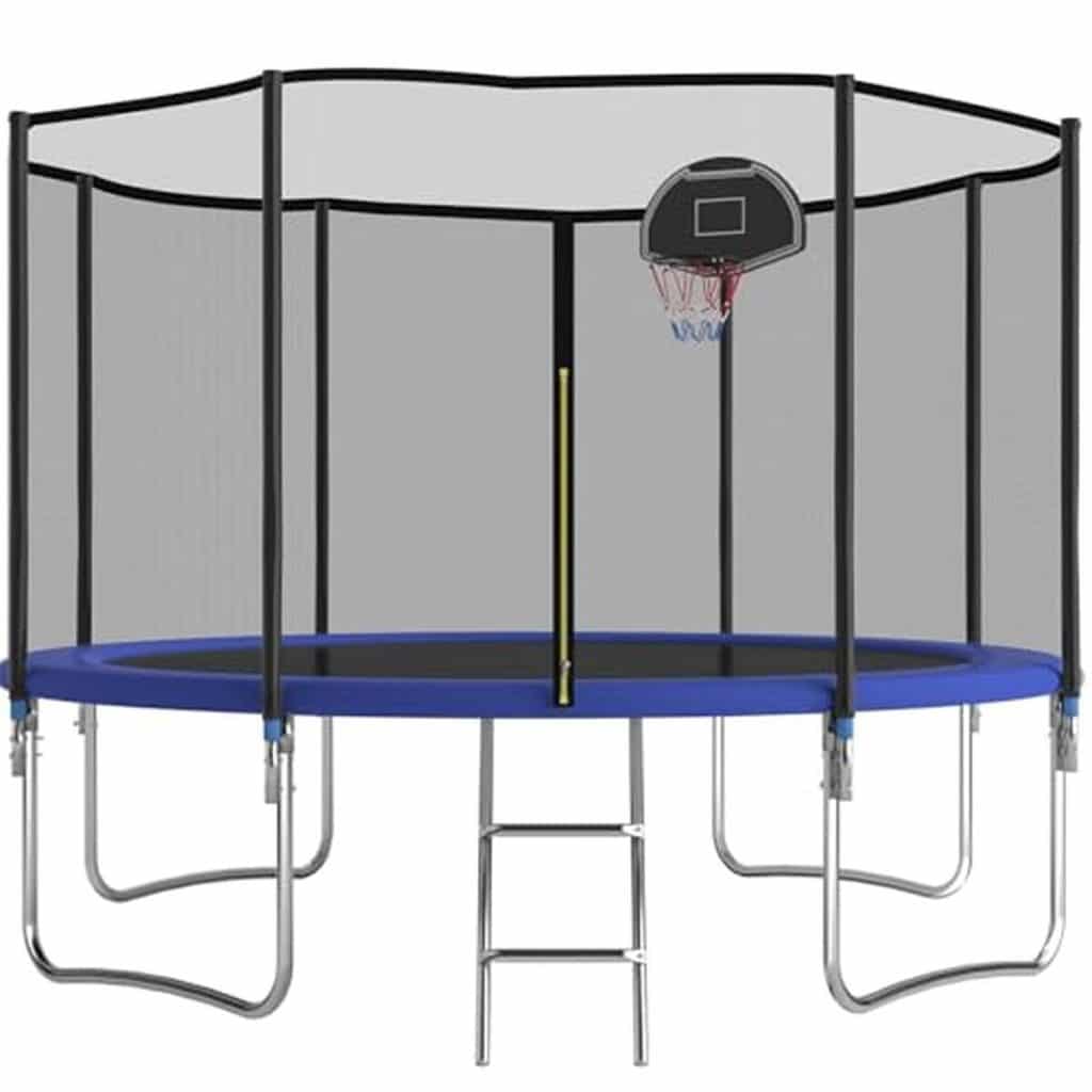 Test du trampoline d'extérieur avec panier et échelle : résistant et ludique